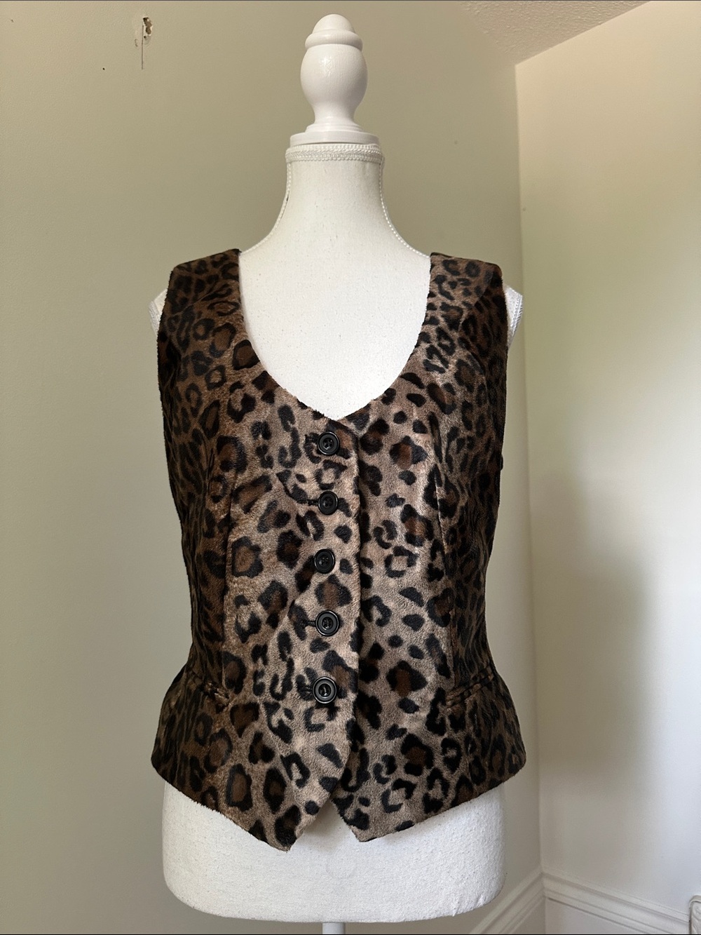 BANDOLERA Vintage Faux Fur Cheetah Print Boho Retro Button Vest Large